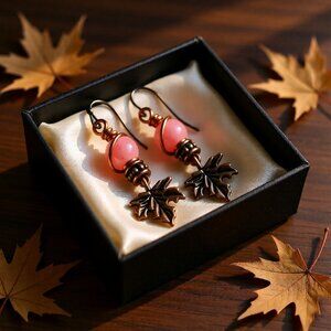 Countrycore Spring Earrings • Pink Agate Maple Leaf Dangles • Rustic Charm